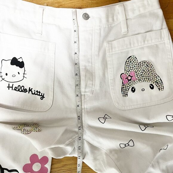 Custom Handmade Hello Kitty Theme Bling White Denim Jeans High Waist Size 29 - Picture 13 of 13